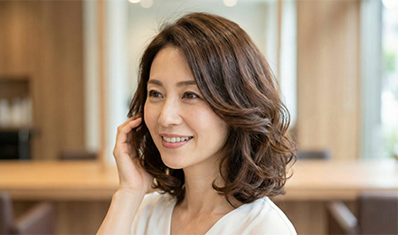 ふんわりとした柔らかいパーマスタイルの女性