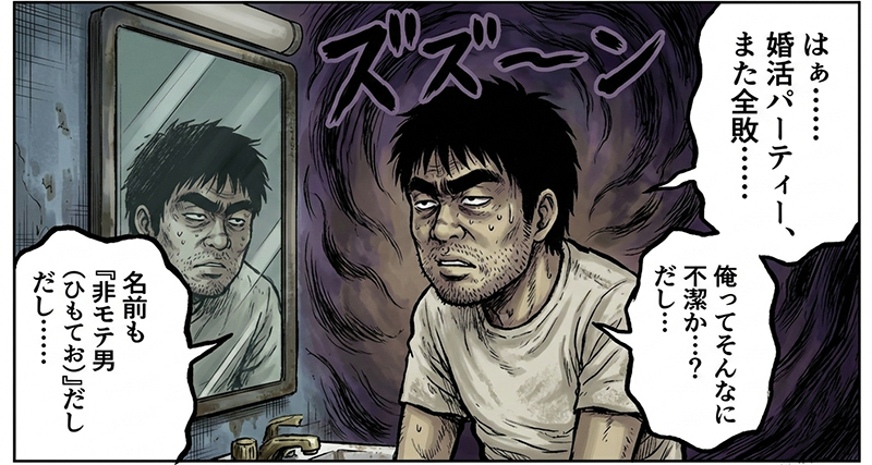 鏡を見て落ち込む非モテ男