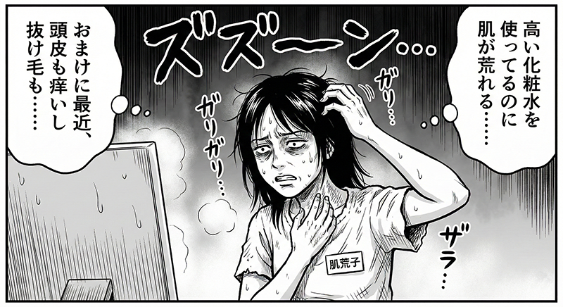 高い化粧水を使っても肌が荒れる、頭皮が痒いと悩む女性