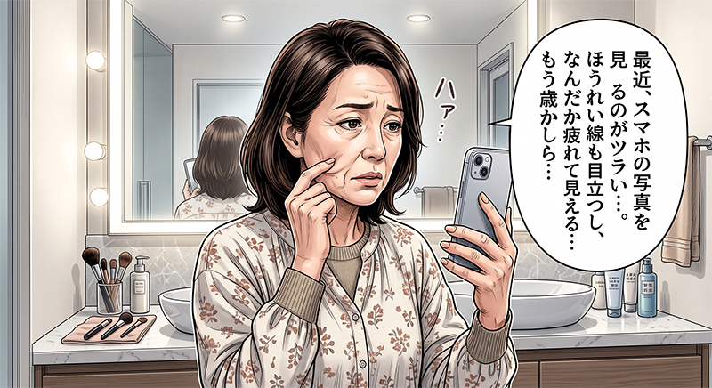 スマホの写真でほうれい線や顔のたるみに悩む女性(心斎橋の若返りエステ)
