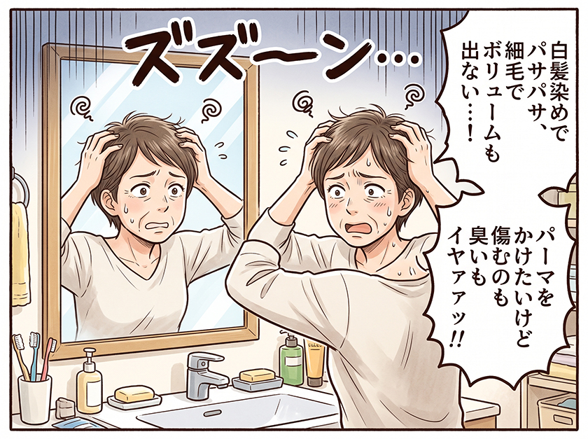白髪染めのパサつきと細毛・ボリューム不足に悩む40代ショートヘア女性