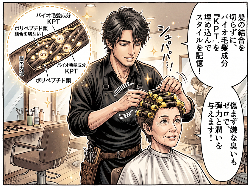 髪の結合を切らずにバイオ毛髪成分KPTを埋め込むコベラウェーブの施術風景