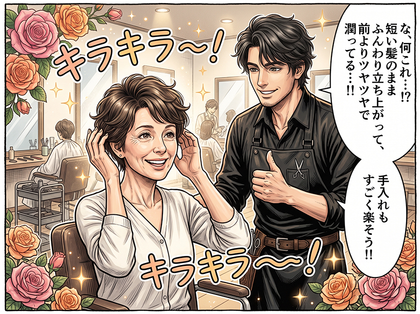 コベラウェーブでトップがふんわり立ち上がりツヤと弾力が復活した40代女性のショートヘア